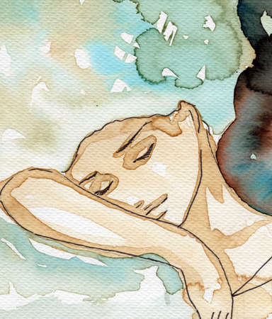 watercolor illustration to depict the portrait of a young girl's fancy.の写真素材