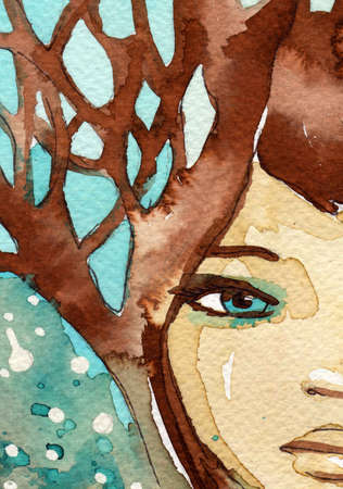 
watercolor illustration of a portrait of a young girlの写真素材