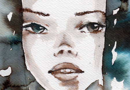 watercolor illustration showing the face of a pretty, young girl in a winter color tonesの写真素材