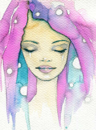 fancy watercolor illustration, portrait womanの写真素材