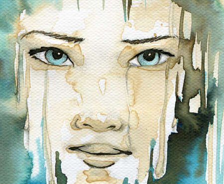 fancy watercolor illustration, portrait womanの写真素材