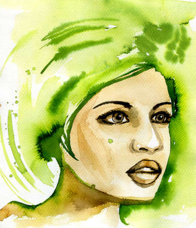 Abstract watercolor illustration depicting a portrait of a woman.の写真素材