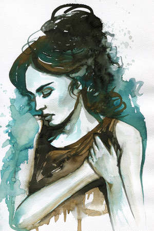 Watercolor portrait sad woman.の写真素材