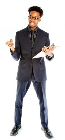 Attractive afro-american business man posing in studio isolated on a white backgroundの写真素材