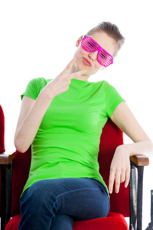 Attractive caucasian woman in the theatre in her 30 isolated on a white backgroundの写真素材