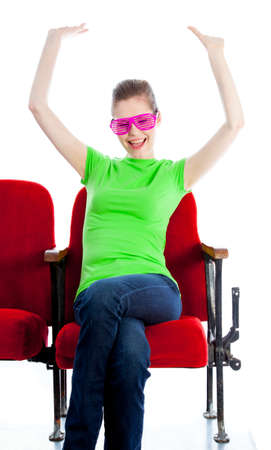 Attractive caucasian woman in the theatre in her 30 isolated on a white backgroundの写真素材