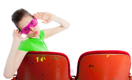 Attractive caucasian woman in the theatre in her 30 isolated on a white backgroundの写真素材