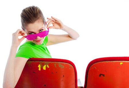 Attractive caucasian woman in the theatre in her 30 isolated on a white backgroundの写真素材