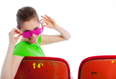 Attractive caucasian woman in the theatre in her 30 isolated on a white backgroundの写真素材