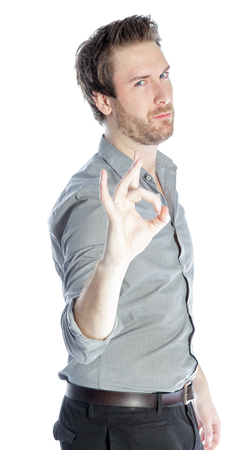 Attractive 30 years old caucasion man shot in studio isolated on a white backgroundの写真素材