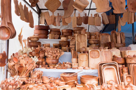 Wooden utensils for sale at a market stall, Mexico City, Mexicoの写真素材
