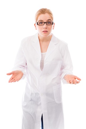 Female scientist don't know what to do isolated on white backgroundの写真素材