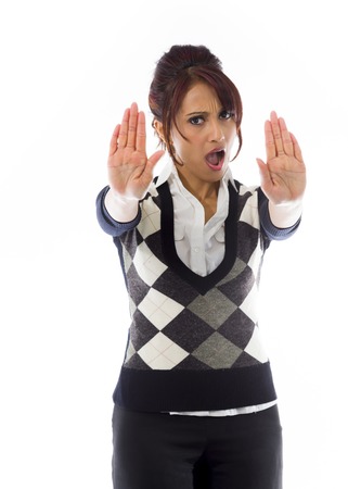 Indian businesswoman making stop gesture and showing stopの写真素材