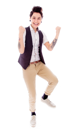 Young woman celebrating successの写真素材