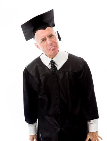 Senior male graduate reacted after listening bad newsの写真素材