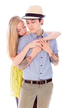 Lesbian couple embracingの写真素材