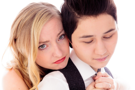 Lesbian couple embracingの写真素材