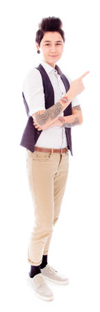 Portrait of a young woman pointingの写真素材