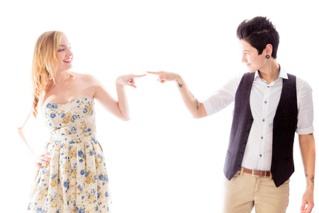 Lesbian couple touching each other's fingerの写真素材