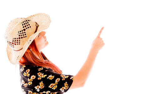 Female Model pointing isolated on white backgroundの写真素材