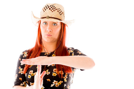 Female Model showing rest sign isolated on white backgroundの写真素材