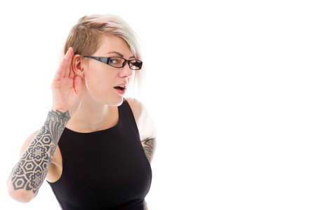 female Model hearing isolated on white backgroundの写真素材