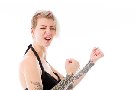 Model in studio isolated on white backgroundの写真素材