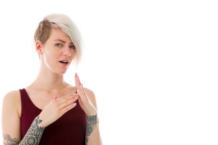 Model in studio isolated on white backgroundの写真素材