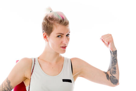 Model in studio isolated on white backgroundの写真素材