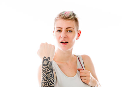 Model in studio isolated on white backgroundの写真素材