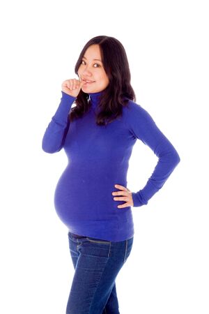 Pregnant adult asian woman isolated on white backgroundの写真素材