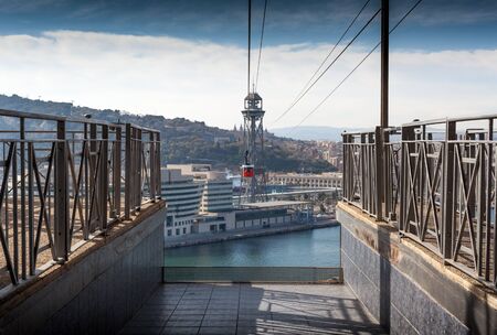 San Sebastian cable car tower of Barceloneta district, Barcelona, Catalonia, Spainの写真素材