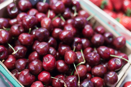 Close-up of cherries for sale at a market stall, La Boqueria Market, Barcelona, Catalonia, Spainの写真素材