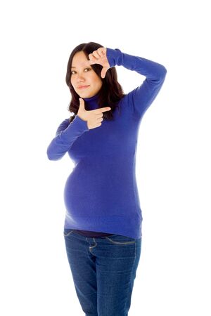 Pregnant adult asian woman isolated on white backgroundの写真素材