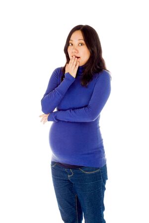 Pregnant adult asian woman isolated on white backgroundの写真素材