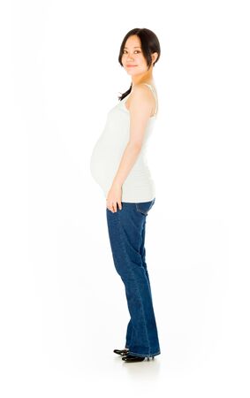 Pregnant adult asian woman isolated on white backgroundの写真素材