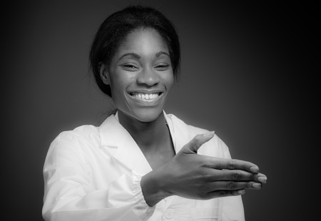 Model isolated with hand shakeの写真素材