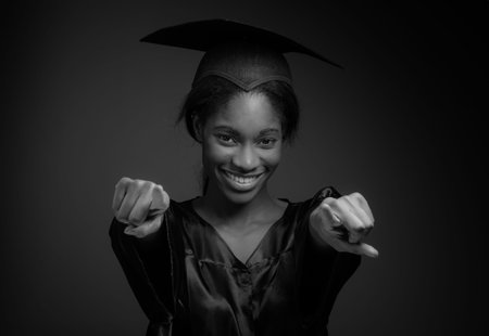Model pointing to camera