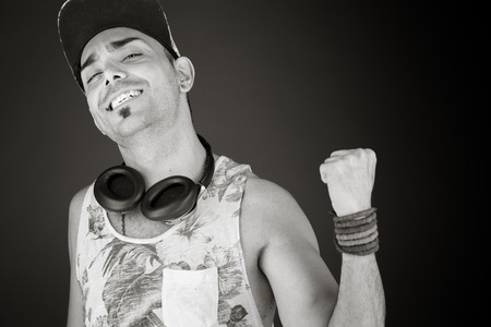 model isolated on grey backgroundの写真素材