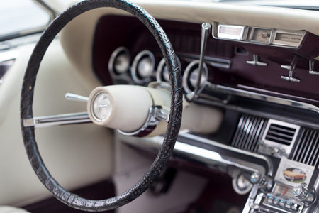 Close-up of steering wheel of a classic vintage car