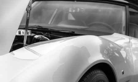 Open bonnet of a white shiny classic vintage carの写真素材