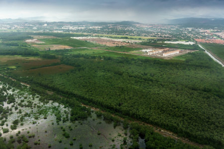 Aerial View of distant city against cloudy sky, Costa Rica