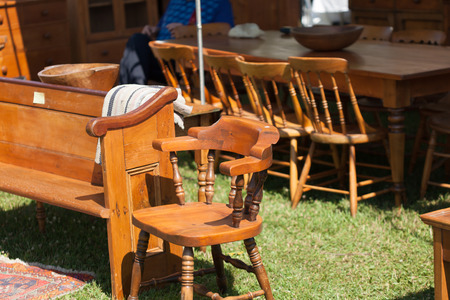 Colour Image, Photography, Brown, Chair, Table, Wood - Material, Furniture, Sunlight, Differential Focus, Retail, Consumerism, Business, Small Business, Shop, Sale, Large Group Of Objects, Seat, Merchandise, Still Life, Absence, Empty, Outdoors, Day, No Pの写真素材
