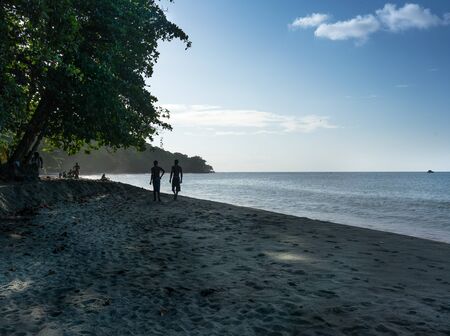 Photography, Colour Image, Beach, Horizon Over Water, Sea, Horizontal, Scenics, Tranquillity, Coastal Feature, Tourism, Beauty In Nature, Tree, Water, Trinidad And Tobago, Trinidad - Trinidad And Tobago, Beach Holiday, Enjoyment, Leisure Activity, Outdoorの写真素材