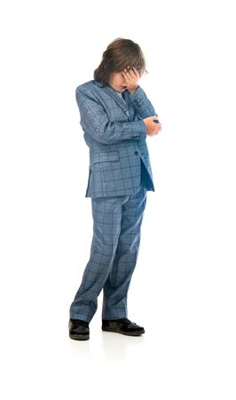 model isolated white background hiding shame ashamedの写真素材