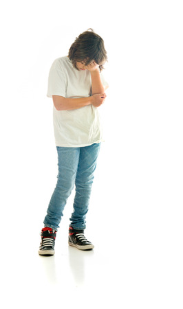 model isolated white background hiding shame ashamedの写真素材