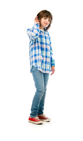model isolated white background listening hear secretの写真素材