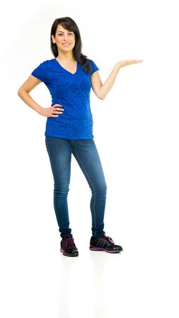 model isolated white background presenting hand gestureの写真素材
