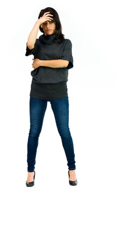 model isolated white background hiding shame ashamedの写真素材