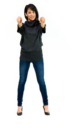 model isolated white background pointing finger backの写真素材